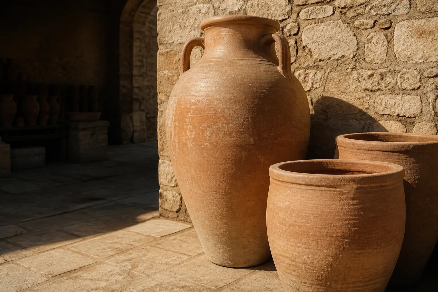 Akdeniz taş avlusunda el yapımı büyük terracotta küp ve saksılar — temsili görsel