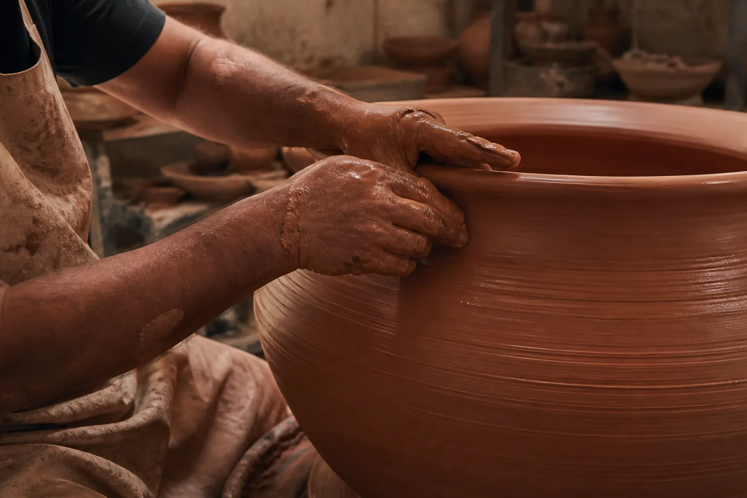 Büyük bir terracotta formu şekillendiren usta elleri — temsili görsel
